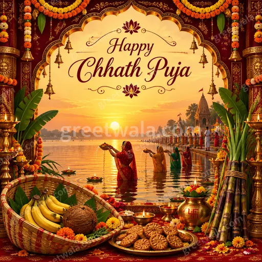 Ornate traditional Chhath Puja card showing Happy Chhath Puja with sunrise river, diyas, devotees in reverent golden glow.