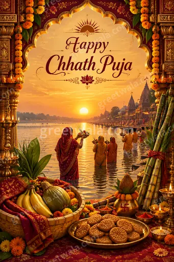 Ornate traditional Happy Chhath Puja card with sunset river worship, glowing diyas, in reverent golden festive mood.