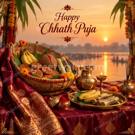 Radiant sunrise over river with silhouetted devotees offering arghya, golden reverent glow celebrating Happy Chhath Puja elegantly.