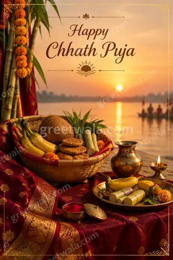 Premium elegant card showcasing Happy Chhath Puja with sunrise river arghya, glowing diyas, marigolds, evoking devotion, serenity and grace.