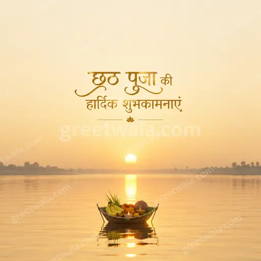 Elegant minimal Chhath Puja card displaying छठ पूजा की हार्दिक शुभकामनाएं with serene sunrise, calm river and soft golden glow.