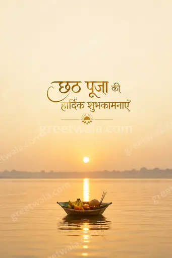 Elegant minimal Chhath Puja card with serene sunrise, river arghya, displaying 'छठ पूजा की हार्दिक शुभकामनाएं' in golden tones.