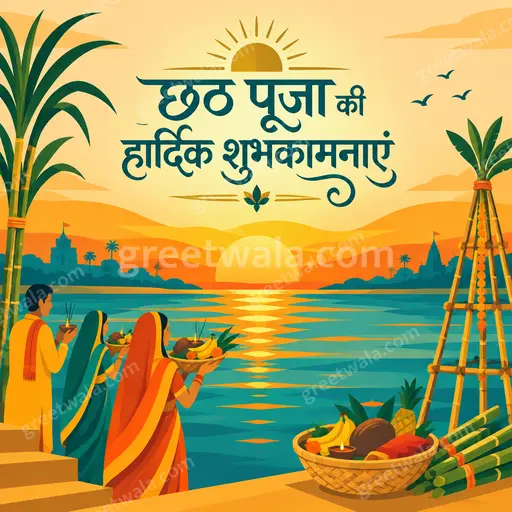 Flat vector Chhath Puja card displaying 'छठ पूजा की हार्दिक शुभकामनाएं' with serene sunrise river worship and warm devotional mood.