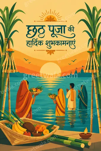 Modern flat vector Chhath Puja card displaying छठ पूजा की हार्दिक शुभकामनाएं with sunset river worship in warm festive glow.