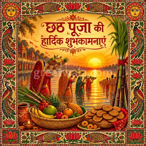 Ornate traditional Chhath Puja card in Hindi with छठ पूजा की हार्दिक शुभकामनाएं, radiant sunrise, devotees, serene devotional mood.