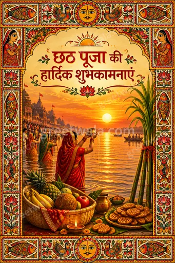 Ornate traditional card featuring Hindi greeting छठ पूजा की हार्दिक शुभकामनाएं amid sunrise river worship, diyas and serene devotion.