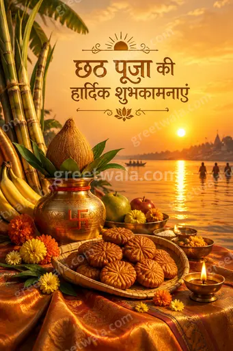 Premium Hindi Chhath Puja showcase card displaying 'छठ पूजा की हार्दिक शुभकामनाएं' with serene sunrise, river devotion, elegant festive glow.