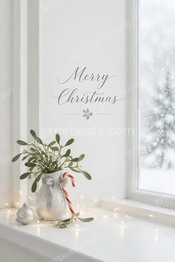 Elegant minimal Christmas card displaying Merry Christmas in refined gold script on serene ivory with delicate evergreen accents.