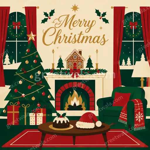 Modern flat vector Christmas card with cozy festive evergreens, cheerful red and green palette displaying Merry Christmas.