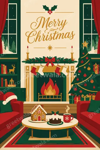 Modern flat vector Christmas card with Merry Christmas text, cozy festive evergreens, joyful minimalist holiday mood.