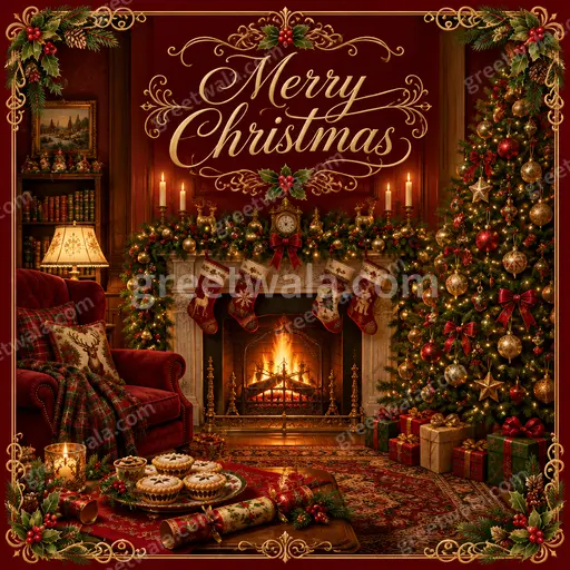 Ornate traditional Christmas card with festive gold details, warm cozy mood, featuring elegant Merry Christmas greeting.