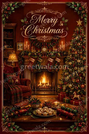 Ornate traditional Christmas card displaying 'Merry Christmas' with elegant gold flourishes evoking warm timeless festive joy.
