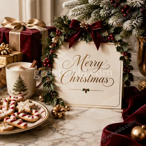 Elegant premium Christmas card with glowing Merry Christmas lettering, snowy pines and warm golden festive radiance.