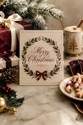 Elegant premium Christmas card glowing with festive warmth, gold accents and cozy winter charm saying Merry Christmas.