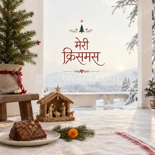 Elegant minimal Christmas card with soft snowy whites, gold accents, and warm festive calm displaying मेरी क्रिसमस.