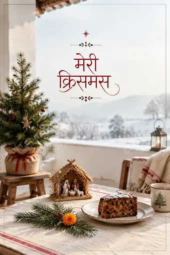 Elegant minimal Christmas card with soft winter glow, delicate gold accents, serene festive warmth featuring मेरी क्रिसमस.