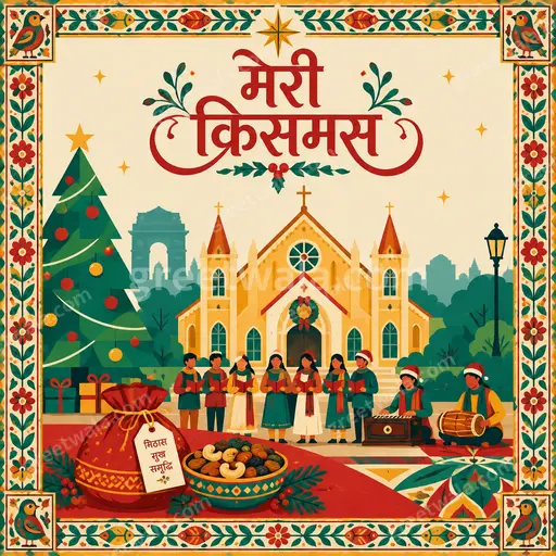 Modern flat vector Christmas card in Hindi displaying मेरी क्रिसमस with cozy festive lights, tree, and joyful winter cheer.