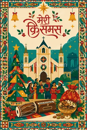 Cheerful modern flat vector Christmas card in Hindi displaying 'मेरी क्रिसमस' with glowing tree, gifts and snowy warmth.