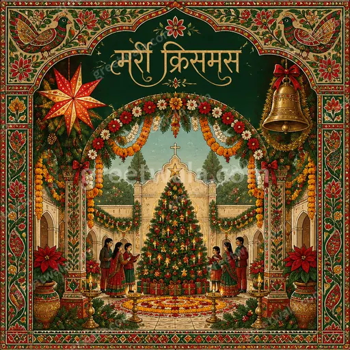 Ornate traditional Christmas card with golden flourishes, glowing candles and festive red-green warmth displaying मेरी क्रिसमस.
