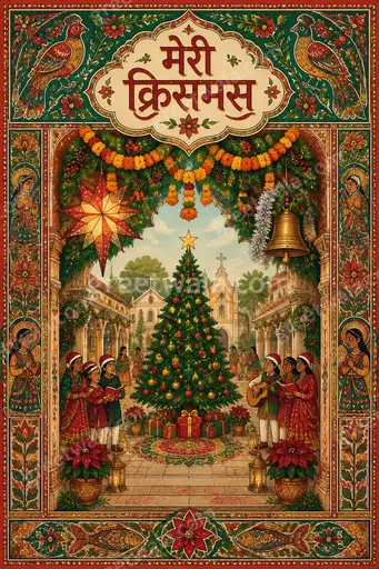 Ornate traditional Christmas card with glowing candles, pine branches and golden Hindi text 'मेरी क्रिसमस' radiating warm festive joy.