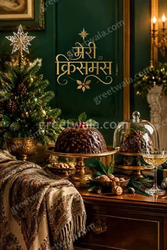 Premium Christmas card displaying 'मेरी क्रिसमस' with glowing tree, snowflakes, and warm festive golden-red elegance.