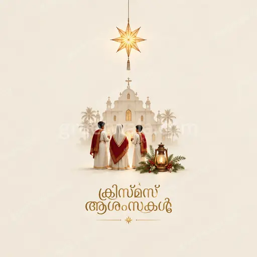 Elegant minimal Christmas card displaying ക്രിസ്മസ് ആശംസകൾ in graceful script with soft gold accents and serene festive calm.