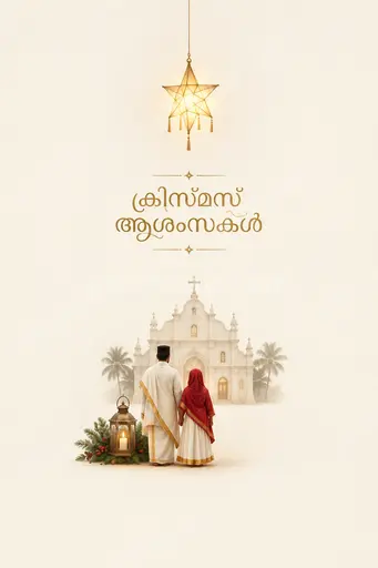 Elegant minimal Christmas card with soft snowy background, golden accents, and Malayalam greeting ക്രിസ്മസ് ആശംസകൾ in graceful script.
