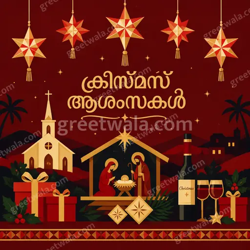 Modern flat vector Christmas card in festive red and green with Malayalam greeting ക്രിസ്മസ് ആശംസകൾ, joyful cozy minimalist mood.