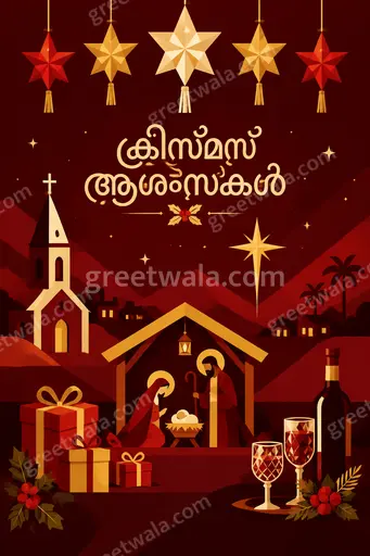 Modern flat vector Christmas card glowing with festive cheer, featuring ക്രിസ്മസ് ആശംസകൾ in elegant Malayalam lettering.