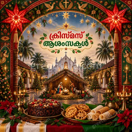 Ornate traditional Christmas card in Malayalam displaying ക്രിസ്മസ് ആശംസകൾ with warm festive gold, red, and reverent joyful mood.