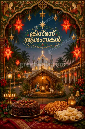 Ornate traditional Christmas card glowing with golden lights, red tones, holy star, and Malayalam greeting ക്രിസ്മസ് ആശംസകൾ.
