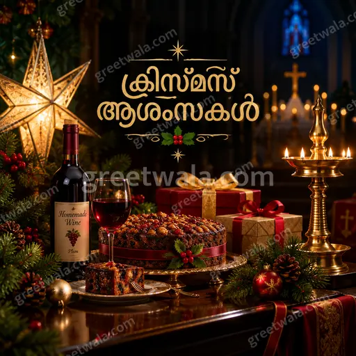 Premium midnight-blue Christmas card displaying ക്രിസ്മസ് ആശംസകൾ in glowing gold, surrounded by warm lights, stars and elegant festive charm.