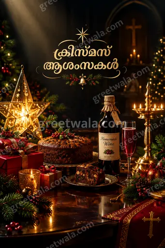 Elegant festive Christmas card with glowing lights, snowy pines and golden ക്രിസ്മസ് ആശംസകൾ text radiating warm joyful cheer.