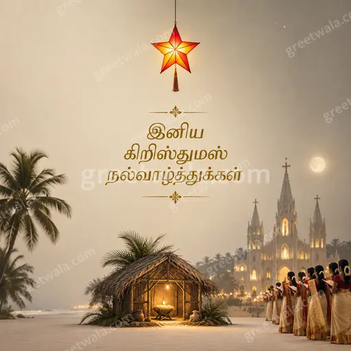 Elegant minimal Christmas card with soft snowy background, gold accents, and warm festive Tamil greeting typography.