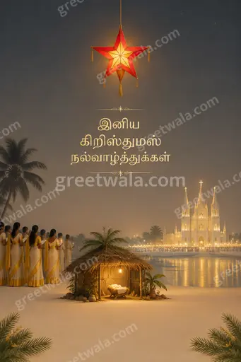 Elegant minimal Christmas card glowing softly with festive warmth, displaying Tamil greeting Iniya Christmas Nalvazhthukkal in graceful gold lettering.