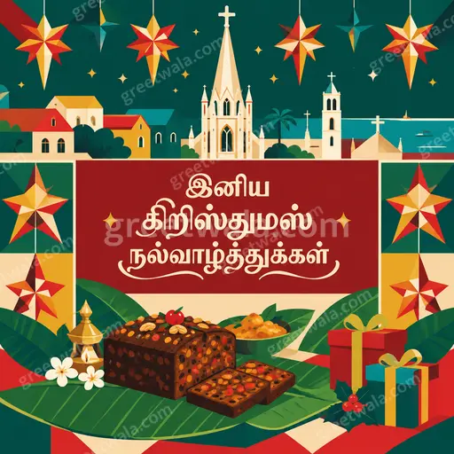 Cheerful modern flat vector Christmas card with glowing tree, snow and lights featuring 'இனிய கிறிஸ்துமஸ் நல்வாழ்த்துக்கள்' warmly.
