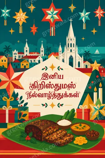 Modern flat vector Christmas card in festive red green with Tamil greeting, cozy joyful minimal evergreen holiday charm.
