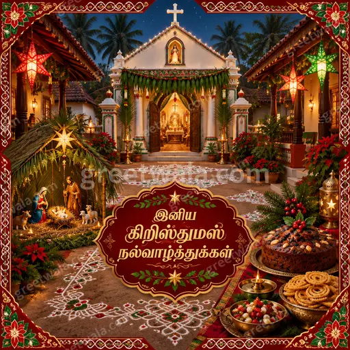 Ornate traditional Christmas card glowing with festive warmth, featuring Tamil greeting lettering amid elegant gold, red and green holiday motifs.