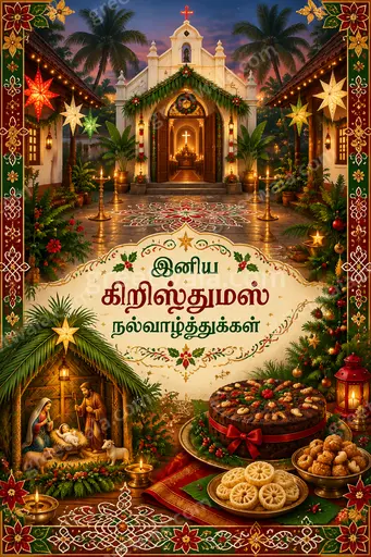 Ornate traditional Christmas card with glowing candles and stars featuring இனிய கிறிஸ்துமஸ் நல்வாழ்த்துக்கள் in warm festive elegance.