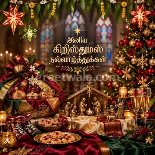 Elegant premium Christmas card glowing with festive lights, ornamented tree, and Tamil greeting in sparkling golden lettering.