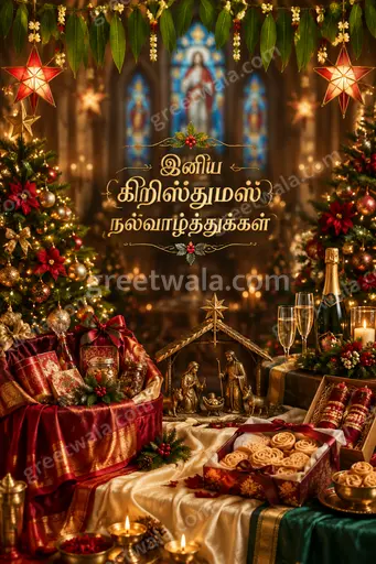 Premium Christmas card displaying இனிய கிறிஸ்துமஸ் நல்வாழ்த்துக்கள் amid glowing golden lights, snowy pines and cozy festive elegance.
