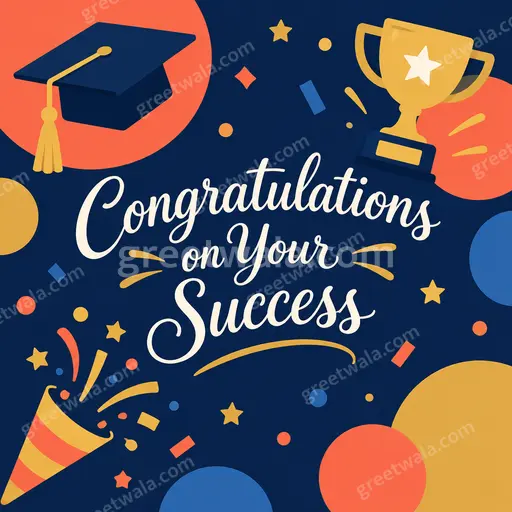 Modern flat vector card with joyful confetti and stars celebrating Congratulations on Your Success in bright cheerful colors.