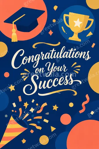 Modern flat vector card radiating joyful pride with bright confetti, stars, and bold Congratulations on Your Success lettering.