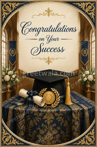 Ornate traditional card displaying 'Congratulations on Your Success' with golden motifs and warm celebratory elegance.