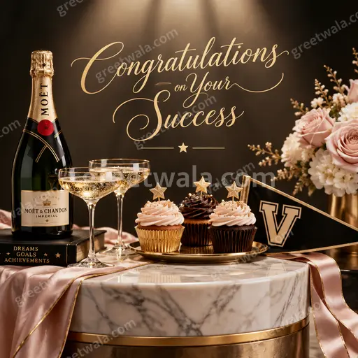 Premium congratulations card displaying 'Congratulations on Your Success' with golden confetti and radiant joyful celebratory elegance.