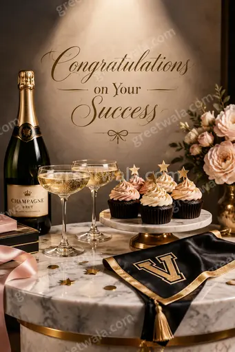 Premium congratulations card with golden confetti and elegant typography celebrating 'Congratulations on Your Success' in joyful style.
