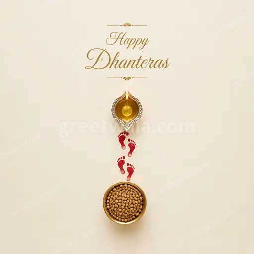 Elegant minimal Happy Dhanteras card with golden diyas glowing softly on a serene deep green background.