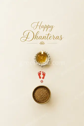 Elegant minimal Happy Dhanteras card with golden diyas, soft warm glow, and refined festive serenity.