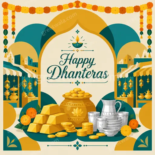 Modern flat vector Dhanteras card with glowing diyas, gold coins and Happy Dhanteras text in festive elegant style.
