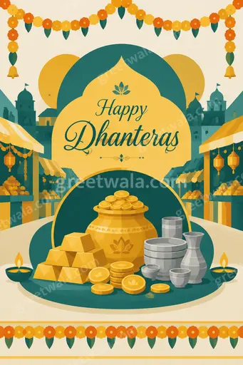 Festive flat vector Dhanteras card with glowing diyas, gold coins and marigolds wishing Happy Dhanteras in elegant modern style.